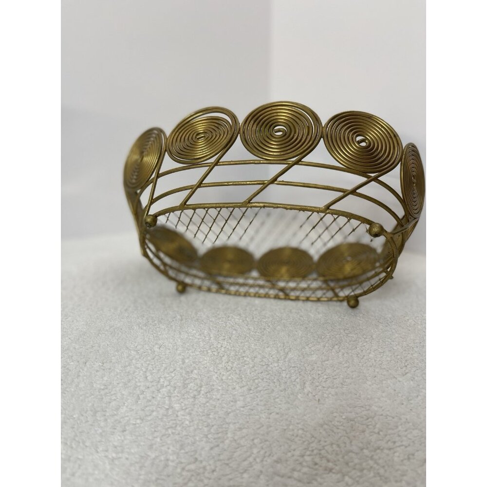 Vintage Oval Brass Basket Open Scroll Design Footed Bread Fruit MCM